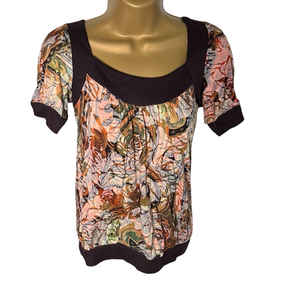 Y2K Daytrip Burnout Knit Babydoll Top Keyhole Back Abstract Print Brown S
